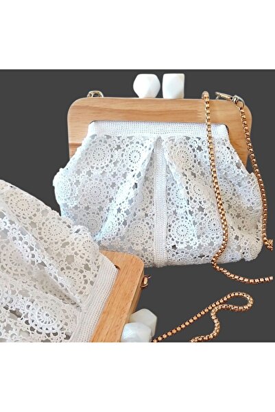 Genel Markalar Ahşap Burslu Beyaz Dantel Çanta , Zarif Beyaz İnci Topuzlu Clutch