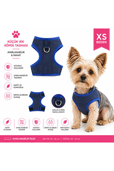 Baron Pet Küçük Irk Köpek Göğüs Tasması Yelek Tipi Kot Kumaş - XS Beden
