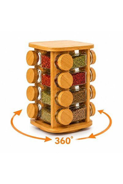 HÜCO BAZAAR 16'lı Dönen Standlı Kaliteli Bambu Baharat Seti (Etiketli)