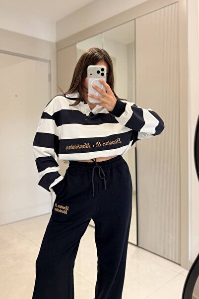 fera butik Women's Navy Blue Striped Polo Collar Sweatshirt with Elastic Cuff...
