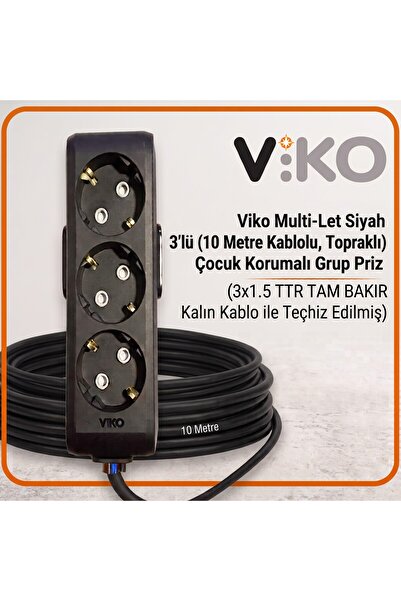 VİKO Multi-Let Siyah 3'lü 10 Metre Topraklı Çocuk Korumalı Grup Priz (3x1.5 T...