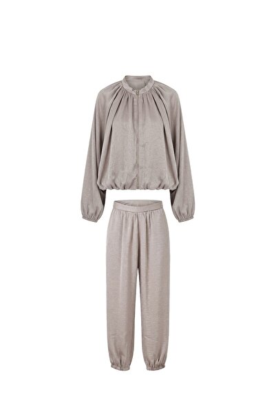 Havoş Beige Soho Bomber Jacket Pants Satin Set