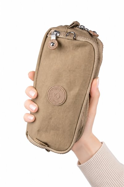 İMAKS Large Size Crinkle 3 Zipper Pen Holder Mobile Phone Makeup Handheld School Bag Wallet Camel 1415K