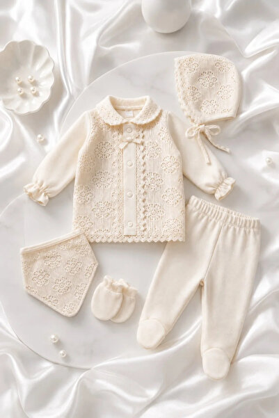 Tuğra Bebe Ecru Lace Detailed Baby Girl 100% Cotton 5-Piece Hospital Discharg...