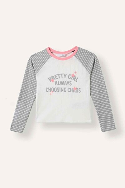 DeFacto Crew Neck Printed Striped Raglan Long Sleeve T-Shirt Girls I2303A826Au