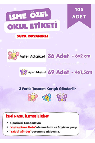Miko Miko Şeyler 105'li Kelebek Temalı Kişiye Özel Okul Etiketi / Sticker