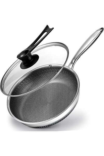 HOMODOSKEY Frying Pan Nonstick with Lid, 28CM Deep Stainless Steel Cookware S...
