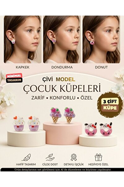 ZERİUM Girl's Nail Earring Set with 3 Glittery Ice Cream Cupcake and Donut Fi...