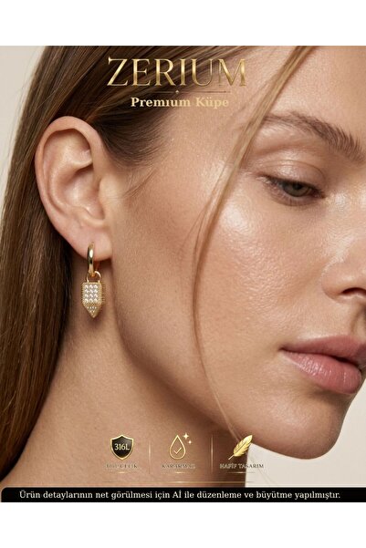ZERİUM Women's Steel Earrings Geometric Prism Stone Ring Model Gold Color