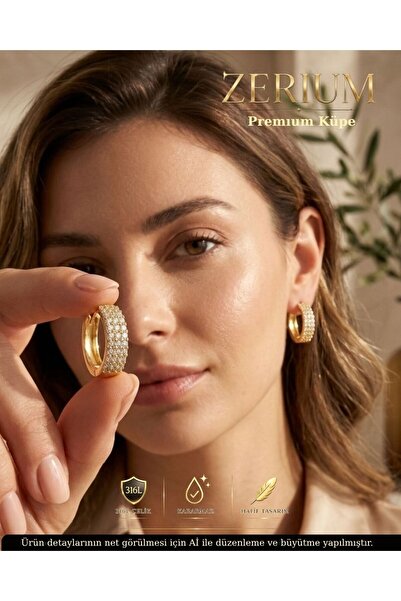 ZERİUM Women's Steel Earrings with 3 Rows of Zircon Stones, Hoop Model, Gold ...