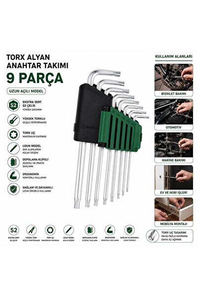 TuğraÇelik Bosch 1 600 A02 Z9C 9 Parça Uzun Yıldız Alyan Anahtar Takımı - Kro...
