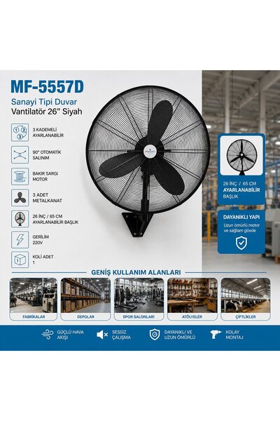 TuğraÇelik MF-5557D Duvar Tipi Sanayi Vantilatörü 26 inç 67 cm - 3 Metal Perv...