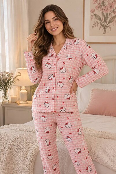ELZORA WEAR Kadın Pembe Pötikare Desenli Hello Kitty Baskılı Düğmeli Pamuklu ...