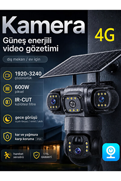 V380 Pro 4G SIM Kartlı Güvenlik Kamerası 6MP 3 Lensli Solar PTZ Kamera 360° R...
