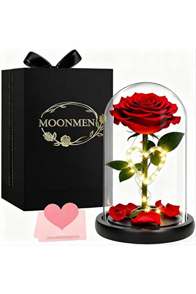 MOONMEN Mon Min Red Rose Preserved in Glass Dome with Led Lights, Real Flower...