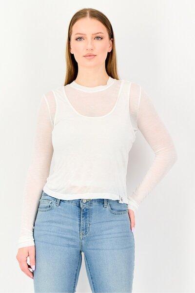 Calvin Klein Women Round Neck 2 In 1 Long Sleeve Solid Top, White