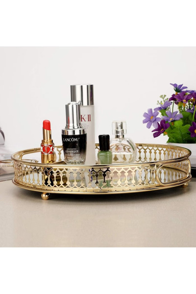 GGEROU Mirror Vanity Tray - Round Metal Makeup Tray Jewelry Trinket Tray, Cos...