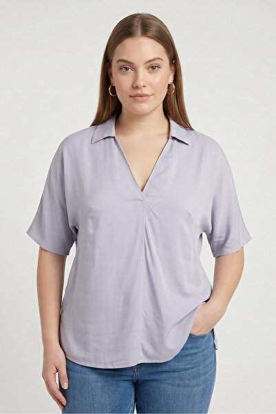Calvin Klein Women Spread Collar Short Sleeve Plain Blouse, Lilac