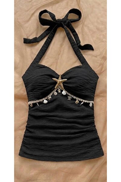 ARS Butik Black Summer Starfish Neck Tie Detailed Body Suit