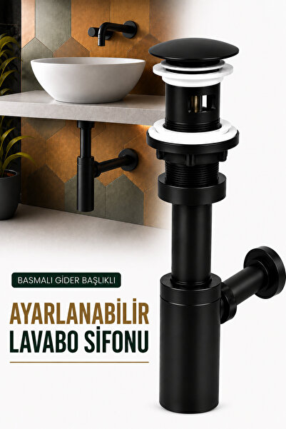 Badem10 Mat Siyah Ayarlanabilir Lavabo Evye Eviye Sifonu Pop Up Basmalı Gider...
