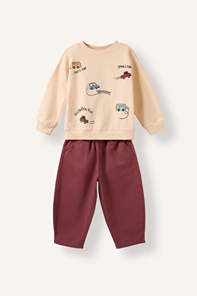 DeFacto Car Printed Sweatshirt Top Wide Pants Bottom 2 Piece Set Baby Boy I19...