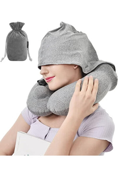 GGEROU Inflatable Travel Pillow with Hoodie Support The Head Neck and Chin Co...