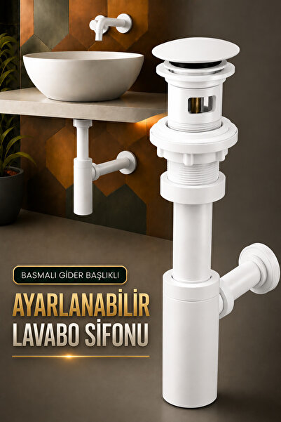 Badem10 Beyaz Ayarlanabilir Lavabo Lavobo Evye Eviye Sifonu Pop Up Basmalı Gi...