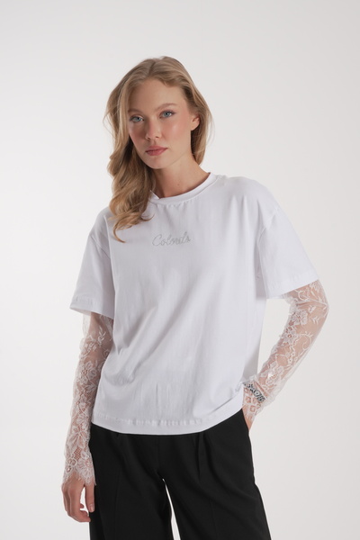 COLORDS Women's Stone Print Lace Detail Blouse