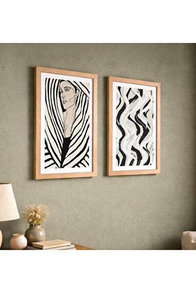 ALAYRA International Signtouch Minimal Black White Line Wall Art 2-Piece Natu...