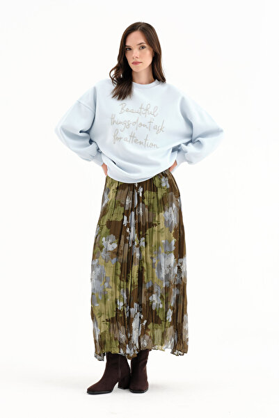 tw3 Women's Patterned Chiffon Fabric Lined Long Skirt with Elastic Waist Design
