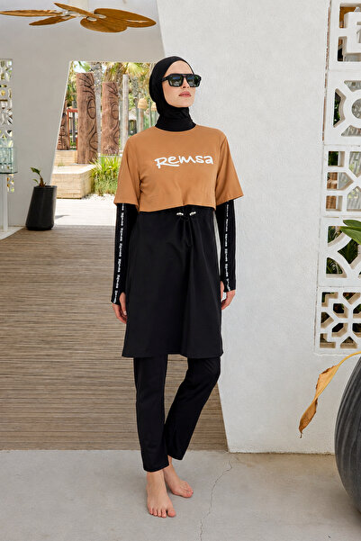 Remsa Mayo Sport Lycra Logo Detail Full Covered Hijab Swimsuit R140 Camel