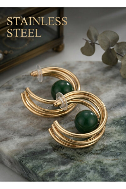 stainless steell Brass Gold Color Ring Model Green Bead Detail Earrings