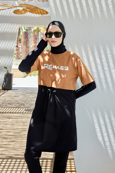 Remsa Mayo Spor Likra Logo Detay Tam Kapalı Tesettür Mayo R140 Camel