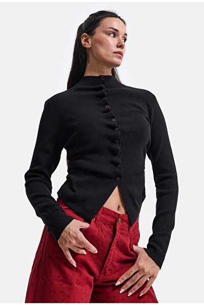 it's basic Cardigan negru pentru femei, cu nasturi, model w6-1