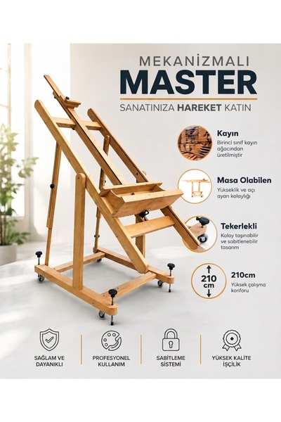 sanatAVM Mekanizmalı Master Kayın Şövale H Masa Olabilen Tip Tekerlekli Profe...