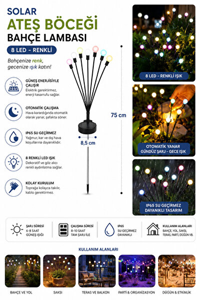 NEBİL HOME Solar Bahçe Lambası 8 LED Renkli Ateş Böceği Işık IP65 Su Geçirmez 75 cm