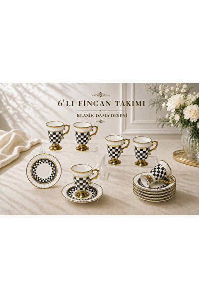 Queen’s Kitchen 6 Kişilik Dama Desenli Porselen Kahve Takımı