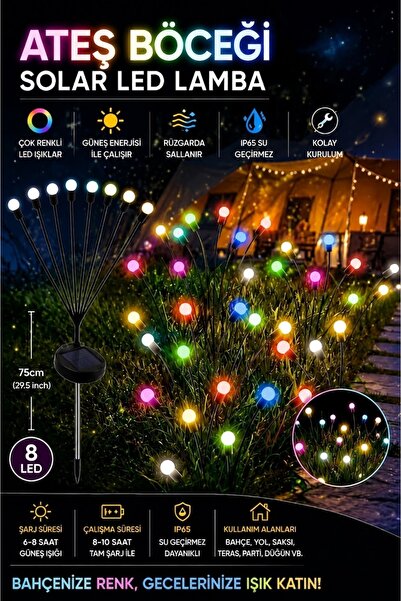 NEBİL HOME Solar Bahçe Lambası 8 LED Renkli Ateş Böceği Işık IP65 Su Geçirmez 75 cm