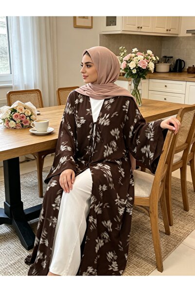 Noon Noora Chiffon Printed Cardigan Abaya - Lined - with Straps on Chest - wi...