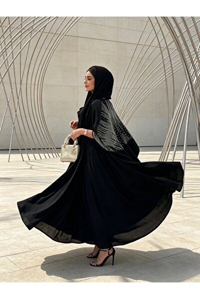 Noon Noora عباية سوداء أنيقة مفتوحة من الأمام - رداء كارديجان إسلامي مرصع بأح...