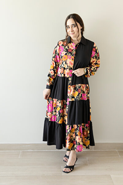 LINELLE Retro Floral Patchwork Tiered Maxi Dress