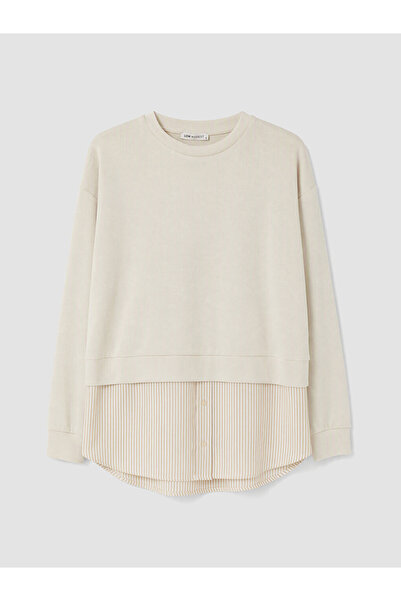 LC Waikiki Bej Soft Touch Çizgili Kadın Sweatshirt Tunik