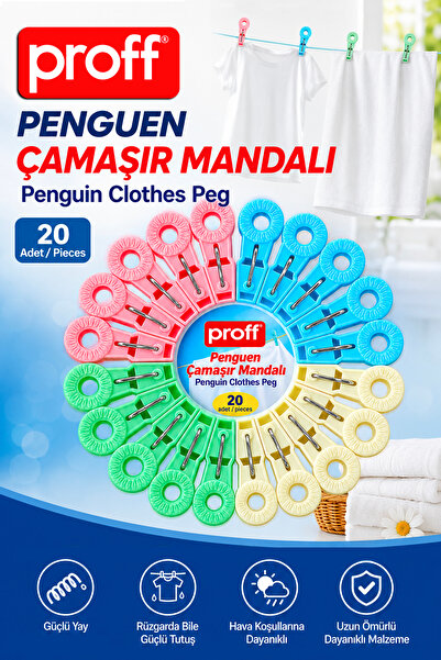 Proff Penguen 20'li Çamaşır Mandalı İz Bırakmaz Güçlü Yaylı Kırılmaz Renkli M...