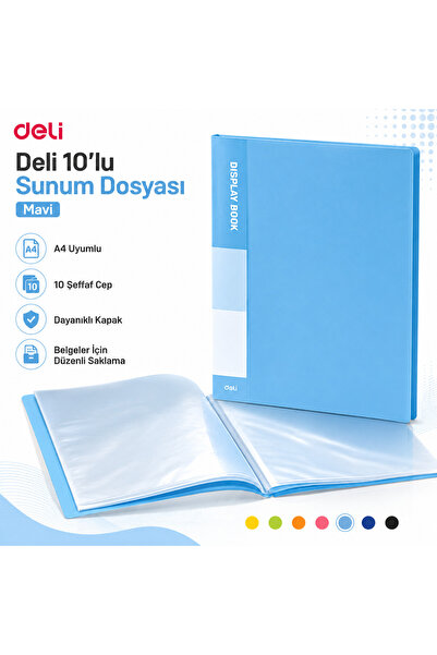 Deli A4 10'lu Sunum Dosyası 10 Şeffaf Cepli Display Book Evrak ve Belge Dosyası