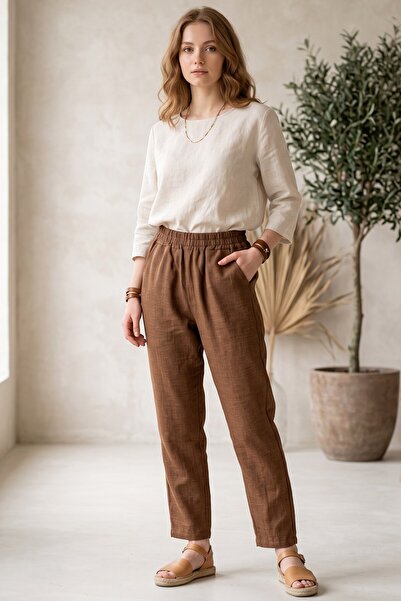 hadiora Pantaloni Sofia maro cu aspect de in și talie elastică