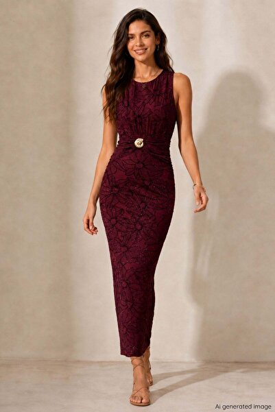 Mossta Burgundy Buckle Glitter Lace Long Dress