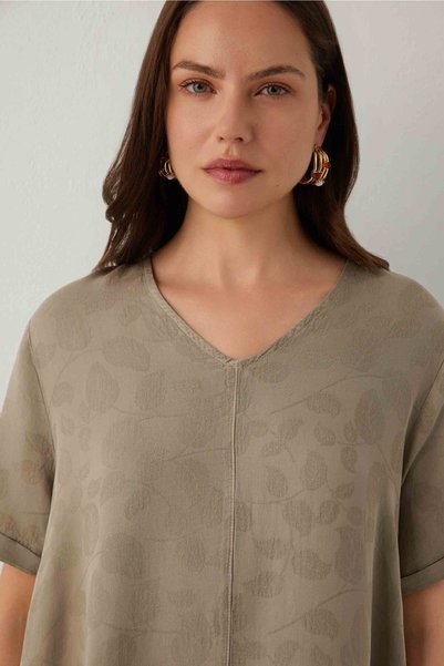 İpekçi Otantik Woven Flora Textured Tencel Bell Dress Olive