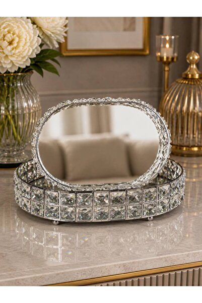 Hinora Set of 2 Oval Decorative Trays with Crystal Stones and Mirrors – Styli...