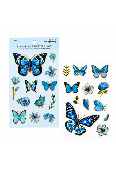 2 Parça Mavi Kelebek ve Çiçek PET Sticker Seti Altın Yaldızlı Dekoratif Scrapbook Etiketi. 97 Karakter
