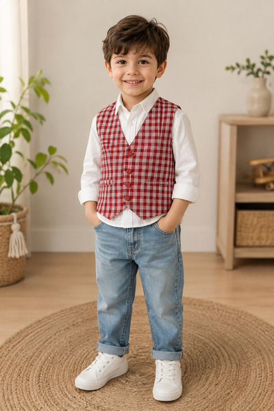 EastWest Trading Vintage Children's Vest - 5 Years Old Red Plaid Buttoned Boy...